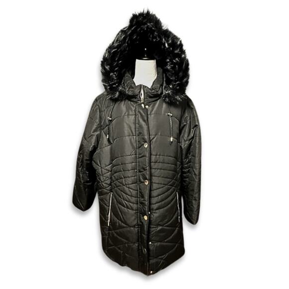 Avenue Puffer Jacket Quilted Design Faux Fur Trim Hooded Solid Black W 14/16 NWT - Picture 2 of 11